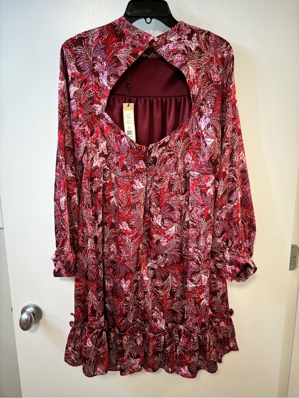 BCBGeneration Burgundy Floral Long Sleeve Ruffle-Hem Dress - Picture 5 of 7